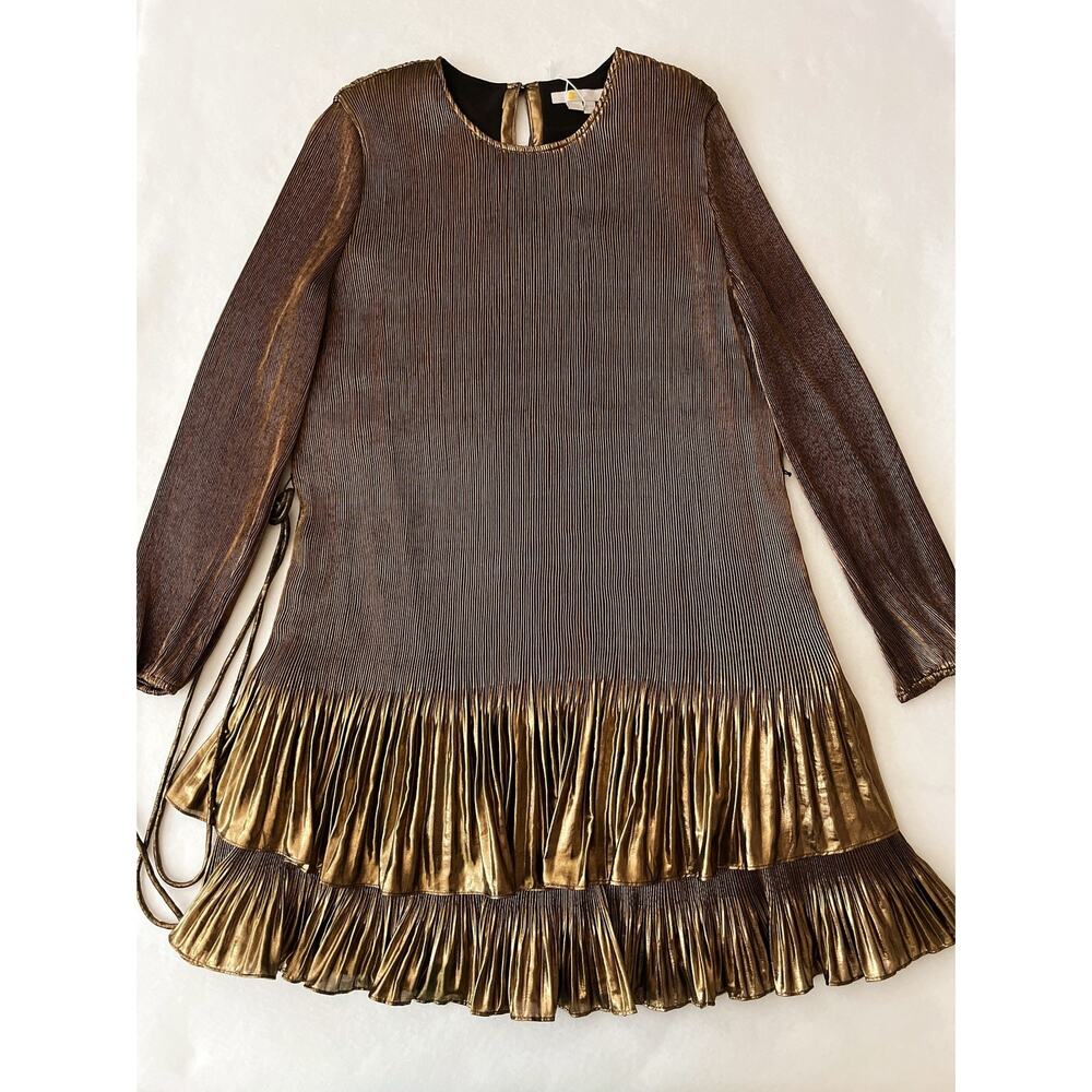 Boden Dress Womens 12 Gold Metallic Pleated Plisse Belt Long Sleeve Shift Party